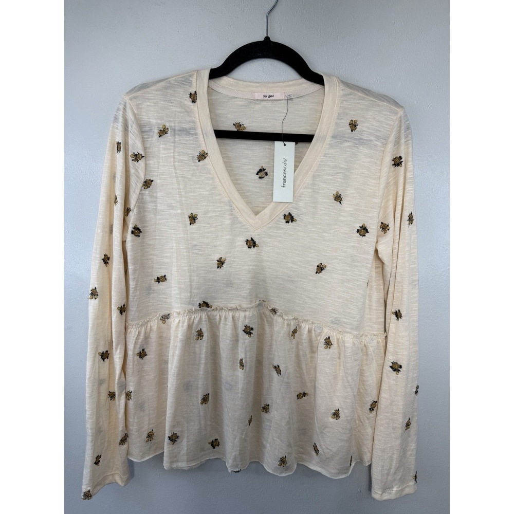 NWT Francesca's Cream Shear Embroidered Peplum Top Size S